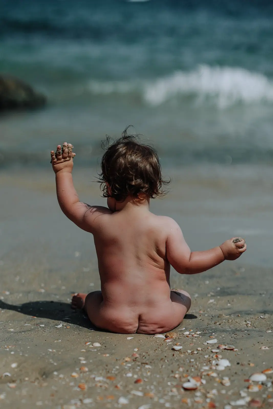 תינוק בן שנה על דשא עם צעצועים